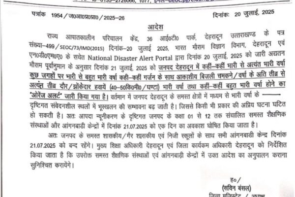भारी बारिश के चलते देहरादून में स्कूल और आंगनबाड़ी केन्द्र कल रहेंगे बंद